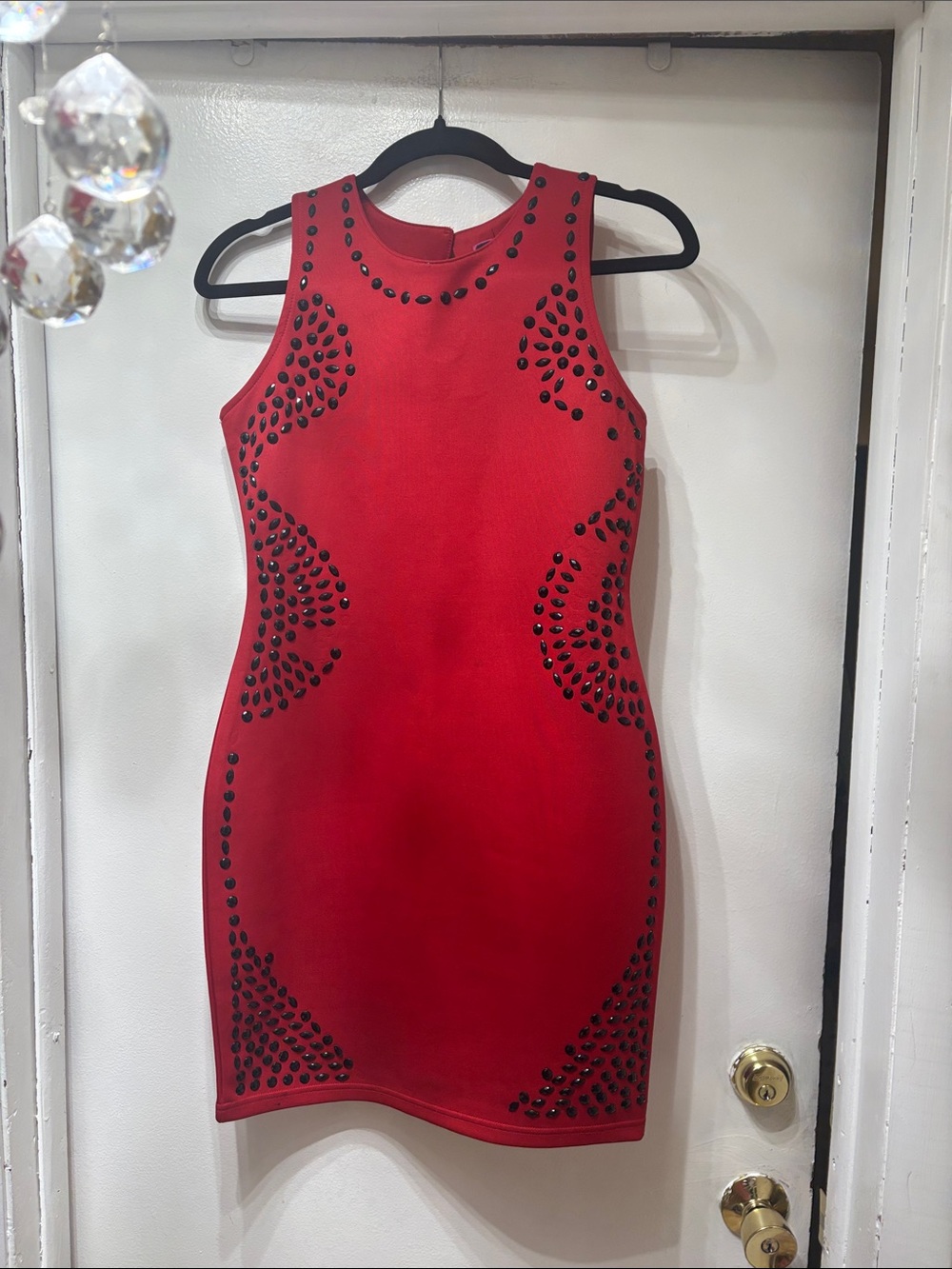 Say What? Red Sleeveless Studded Bodycon Dress